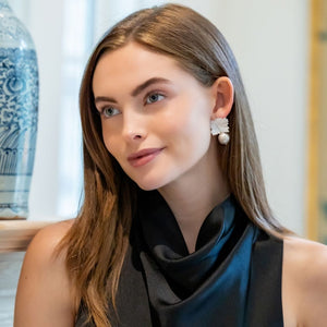 model wearing Audrey Silver ball earrings_m donohue collection