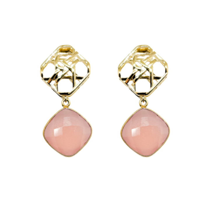gold wicker design earrings with semi-precious rose quartz gemstones_m donohue collection
