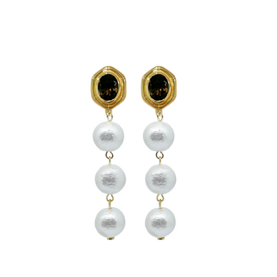 gold bamboo and smoky quartz earring stud with three cotton pearl drops_m donohue collection