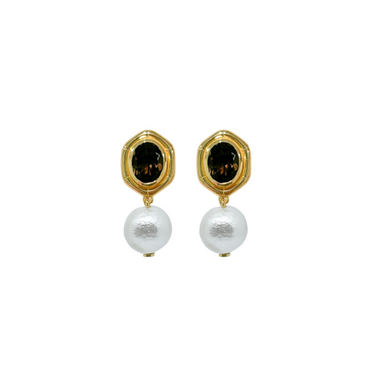 gold and smoky quartz earrings with single cotton pearl drop_m donohue collection