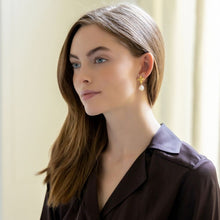 Load image into Gallery viewer, Model wears the gold floral Bloom Pearl Drop Earring_m donohue collection