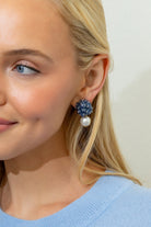 Model wears Liz Cotton Pearl Blue Earrings_m donohue collection