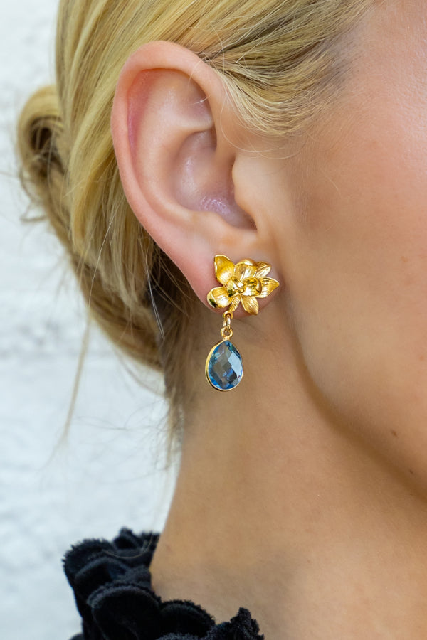 Model wearing Magnolia Flower Blue Quartz Drop Earrings_M Donohue Collection