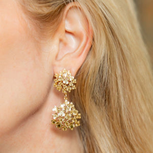 model wearing gold flower hydrangea Jardin earrings_m donohue collection