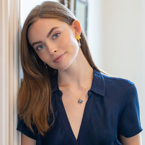 model wearing dana gold and blue quartz necklace_m donohue collection