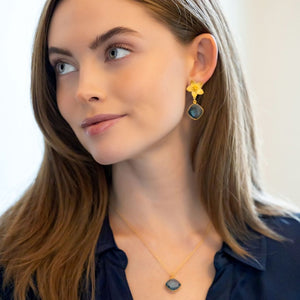 Model wears Cecile Blue Quartz Drop earring and Dana Blue Quartz gemstone necklace_m donohue collection