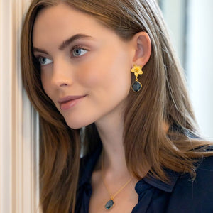 Model wears Cecile Blue Quartz Drop earring and Dana Blue Quartz gemstone necklace_m donohue collection