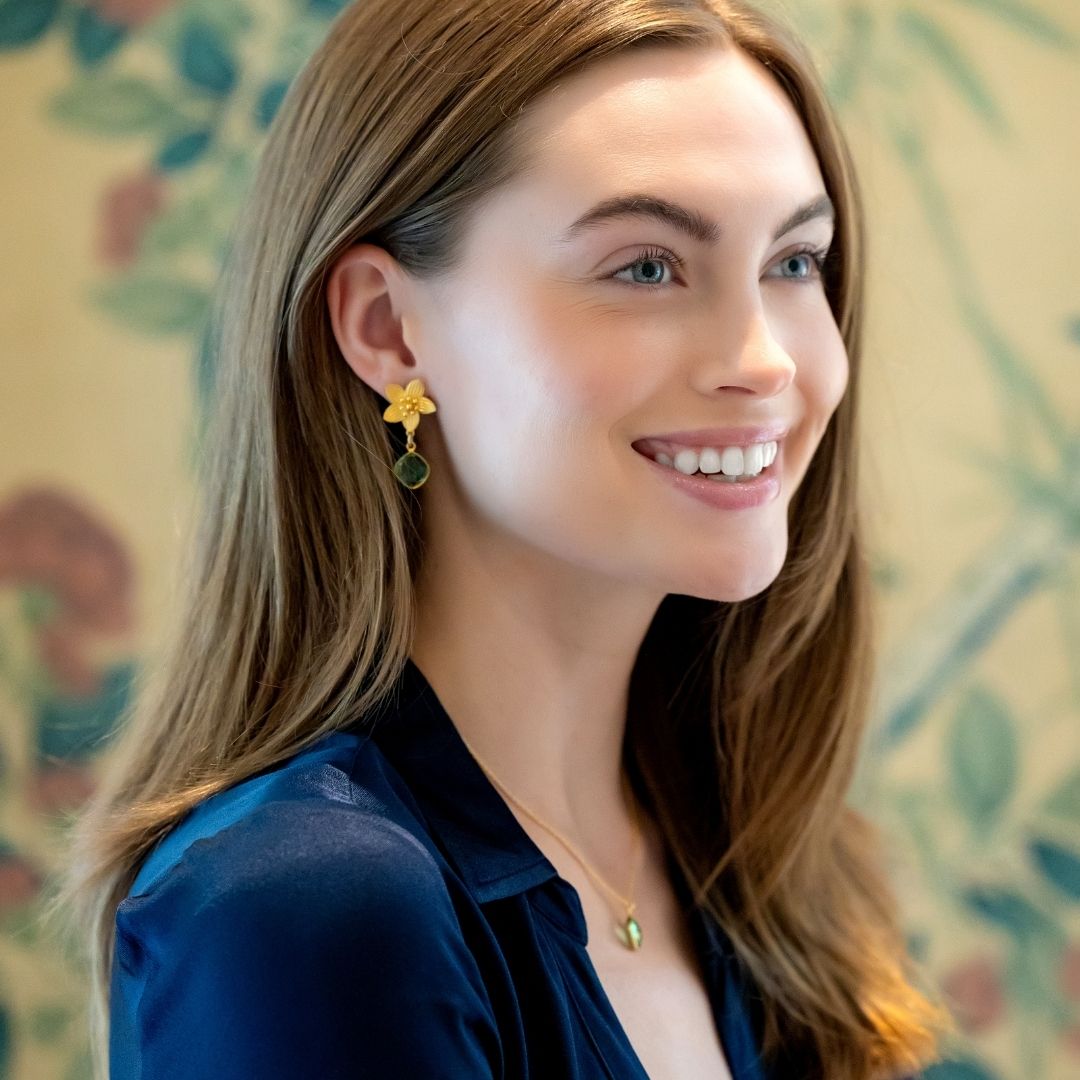 Model wears Cecile green Quartz Drop earring and Dana Green Quartz gemstone necklace_m donohue collection