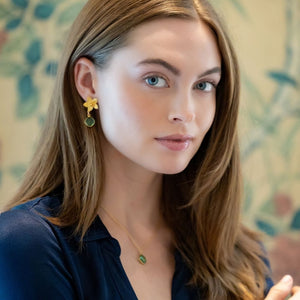 Model wears Cecile green Quartz Drop earring and Dana Green Quartz gemstone necklace_m donohue collection