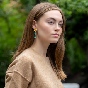 Model is wearing Cecile Double Turquoise Earrings_m donohue collection
