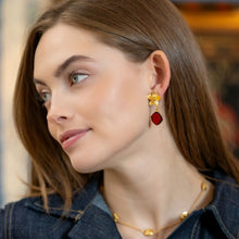 Load image into Gallery viewer, Model is wearing Cecile Garnet Drop Earrings_m donohue collection
