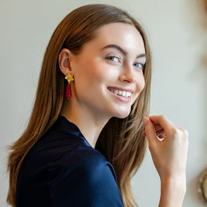 Model wears Cecile Magenta Quartz earrings_m donohue collection