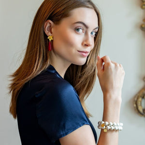 Model wears Cecile Magenta Quartz earrings_m donohue collection