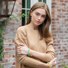 Load image into Gallery viewer, Model wears Lauren Turquoise Multi Gold bracelet_m donohue collection