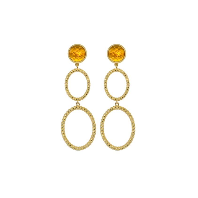 orange citrine gemstone post with twisted gold plated oval drops_m donohue collection