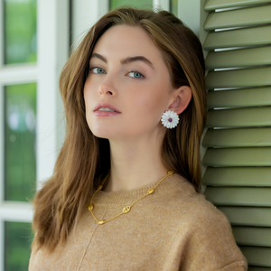 Model wears Remy Wicker Necklace with Fleur Amethyst Earrings_m donohue collection
