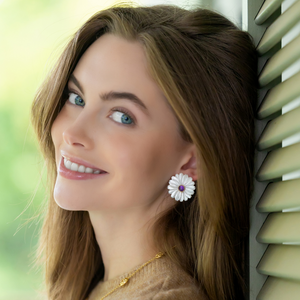 Model wears Fleur Amethyst Earrings with Remy necklace_m donohue collection