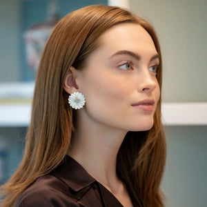 Model wears Fleur Aquamarine Earrings_m donohue collection