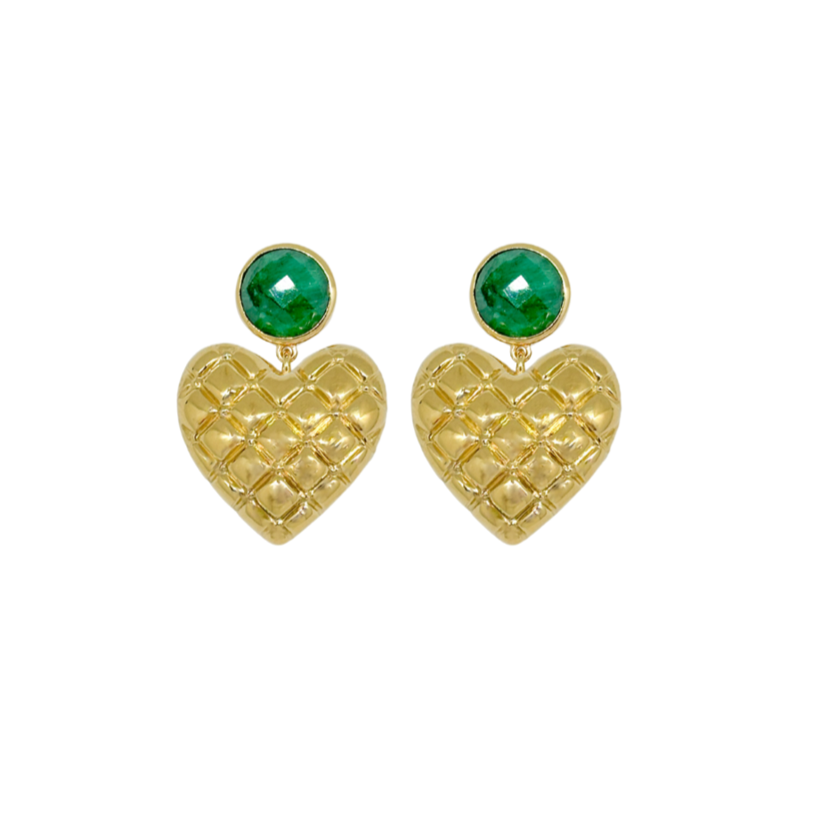 emerald green posts with gold quilted heart earrings_m donohue collection