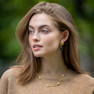 Model wears Jardin Blue Quartz Drop earrings_m donohue collection