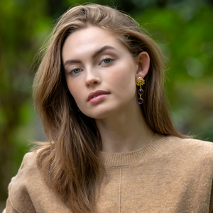 Model wears Jardin Hydrangea Purple Double Drop earrings_m donohue collection
