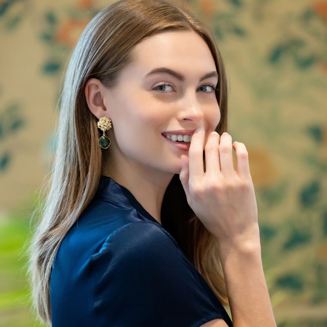 Model is wearing Jardin Hydrangea Green Quartz earrings_m donohue collection