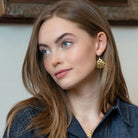 Model is wearing the Jardin Hydrangea Gold Hook earrings_m donohue collection