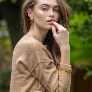Model wears Jardin Hydrangea Purple Single Drop earring_m donohue collection