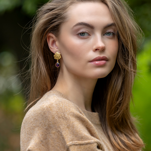 Model wears Jardin Hydrangea Purple Single Drop earring_m donohue collection