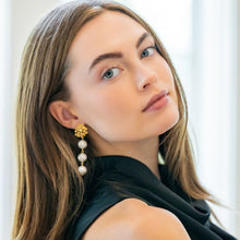 Load image into Gallery viewer, model wearing Jardin gold hydrangea post earrings with triple cotton pearl drops_M Donohue Collection