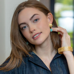 Model wears Jardin Amazonite Drop earrings_m donohue collection