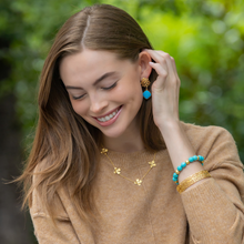Load image into Gallery viewer, Model wears Jardin Hydrangea Turquoise Drop earrings_m donohue collection