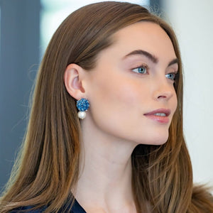 Model wears Liz Cotton Pearl Blue Earrings_m donohue collection