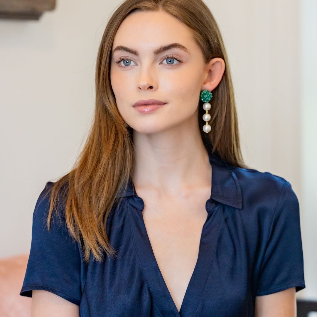 Model wears Liz Cotton Pearl Triple Green Earrings_m donohue collection