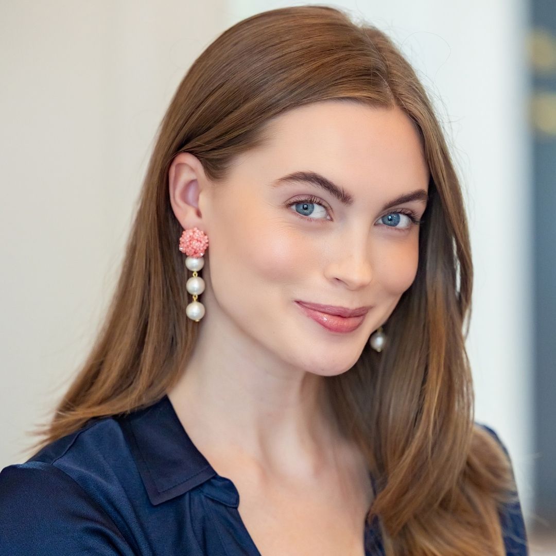 Model wears Liz Cotton Pearl Triple Pink Earrings_m donohue collection