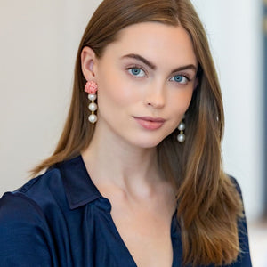Model wears Liz Cotton Pearl Triple Pink Earrings_m donohue collection