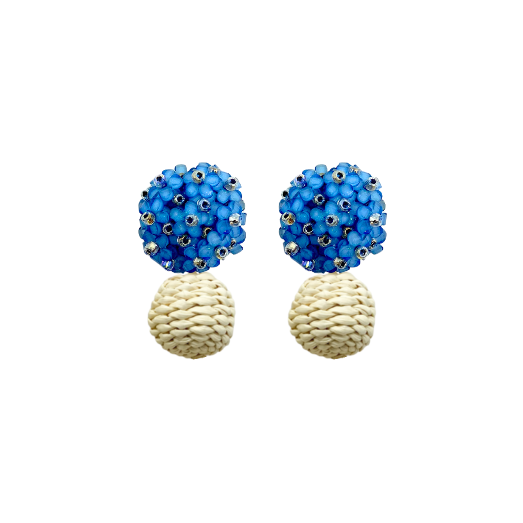 Delicate blue flower cluster posts with woven rattan ball_m donohue collection