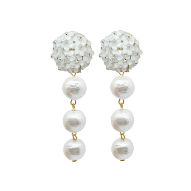Lightweight white floral post with triple cotton pearl drop_m donohue collection