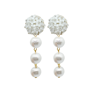 Lightweight white floral clip-on post with triple cotton pearl drop_m donohue collection