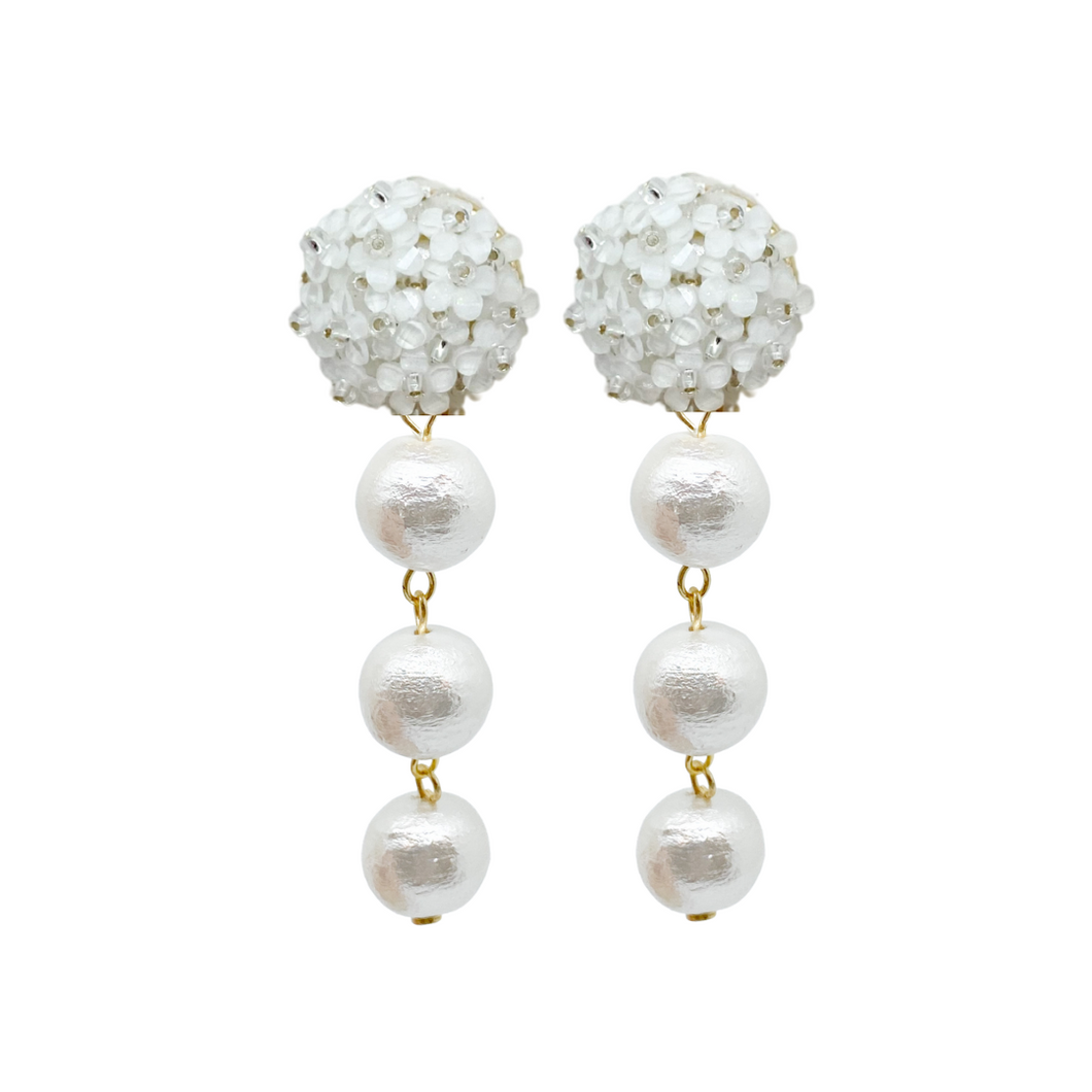 Lightweight white floral clip-on post with triple cotton pearl drop_m donohue collection