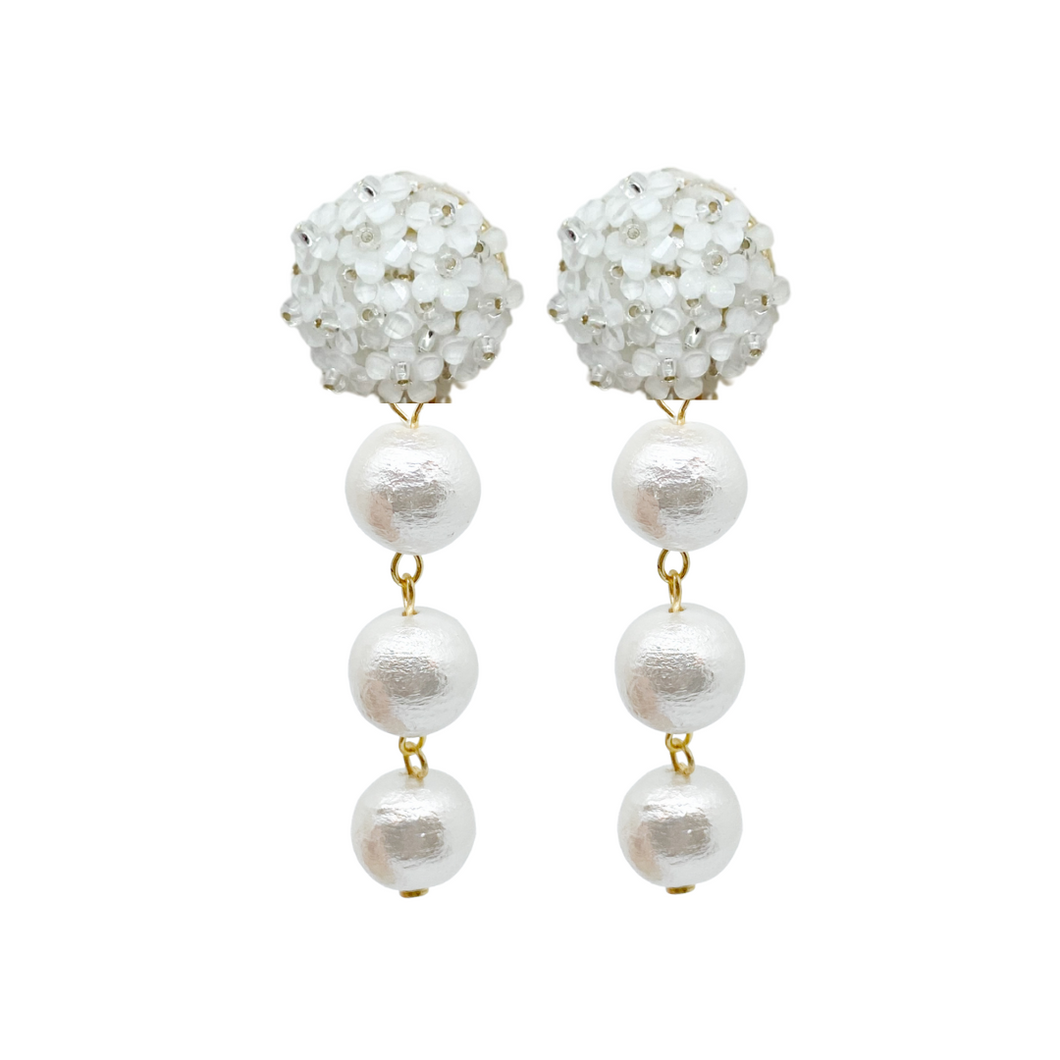 Lightweight white floral post with triple cotton pearl drop_m donohue collection