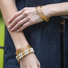 Load image into Gallery viewer, Model is wearing Olivia Cotton Pearl &amp; Multi Gold Bracelet_m donohue collection