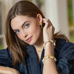 Model is wearing Olivia Cotton Pearl & Multi Gold Bracelet_m donohue collection