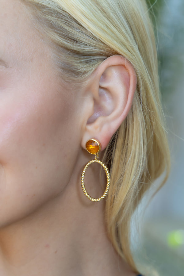 Model wearing Orange Citrine French Twist Earrings_M Donohue Collection