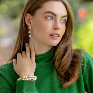 Model wears Remy Double Pearl Earrings_m donohue collection