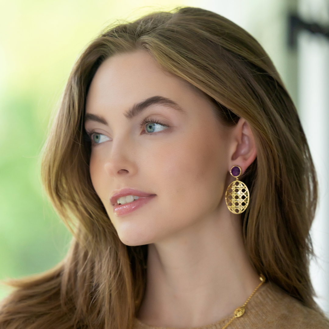 Model wears Remy Wicker Gold Oval & Amethyst Gem Earrings_m donohue collection