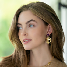 Load image into Gallery viewer, Model wears Remy Wicker Gold Oval &amp; Amethyst Gem Earrings_m donohue collection