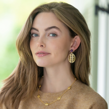 Load image into Gallery viewer, Model wears Remy Wicker Gold Oval &amp; Amethyst Gem Earrings_m donohue collection