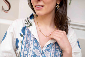 Model is wearing Avignon Double Wicker Gold Earrings with the Remy Wicker Gold Necklace_m donohue collection