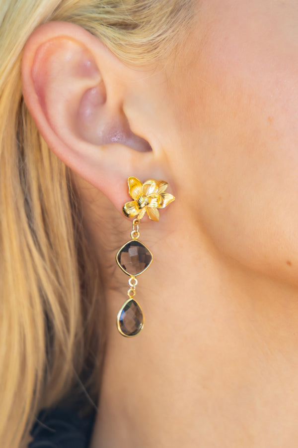 Model wearing Magnolia Flower Smoky Quartz Drop Earrings_M Donohue Collection